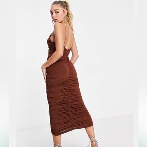 Elegant Brown Cami Ruched Midi Dress